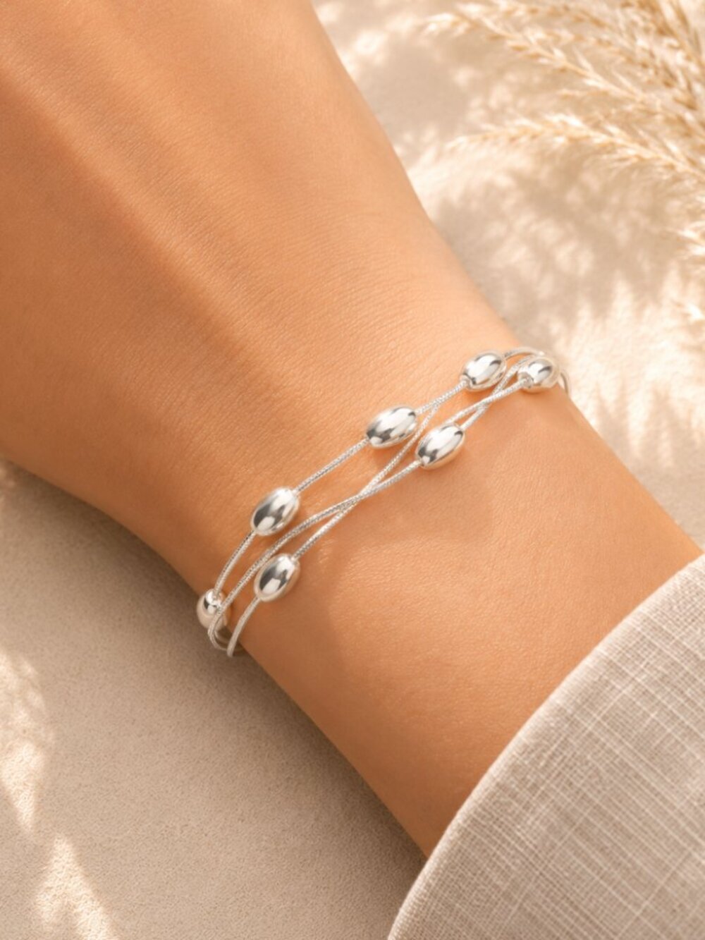 925 Sterling Silver Bead Bracelet Thin Snakechain Stackable Bracelet